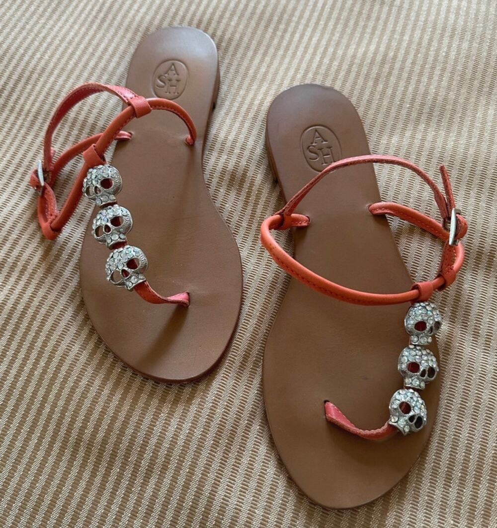 ASH Crystal Silver Skulls-Orange Leather Ankle Strap Flat Sandal-Sz 36